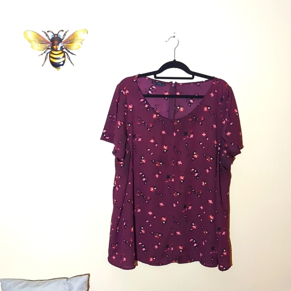 Attention Blouse, Maroon With Flowers, Size 3X - Picture 1 of 8